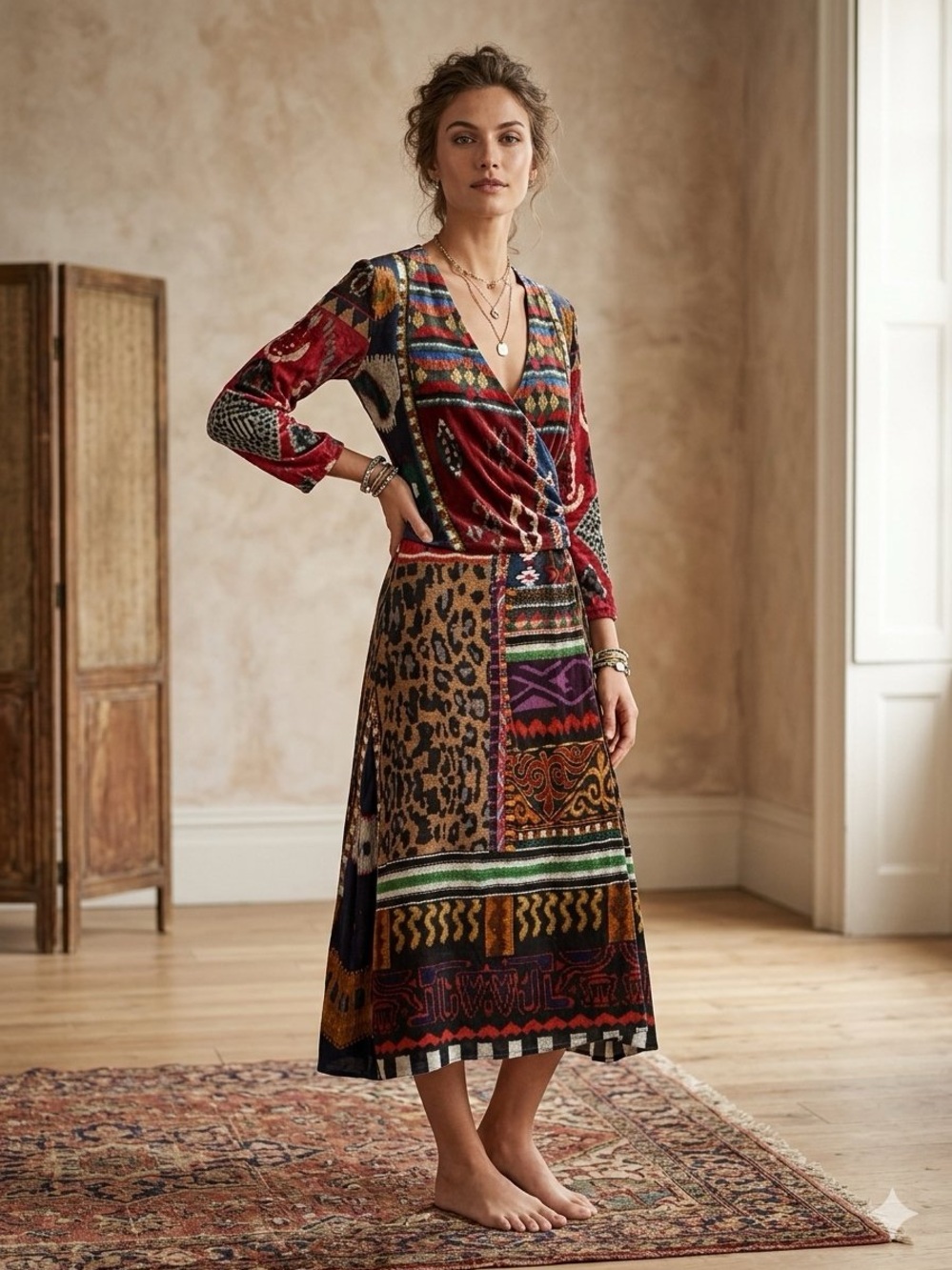 ETRO Wrap Midi Dress in Multicolor Patchwork Print - Picture 2 of 6